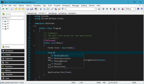 example.cs open in Zeus, showing code-completion